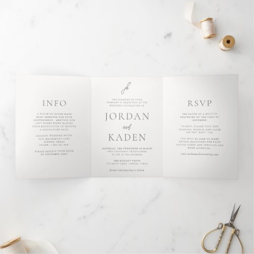 Jordan Gray Script Monogram Elegant Wedding Tri_Fold Invitation
