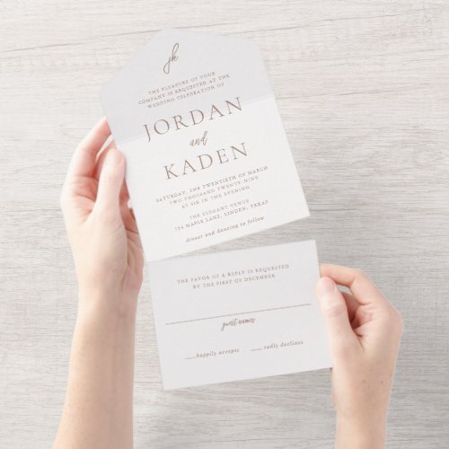 Jordan Light Brown Script Monogram Elegant Wedding All In One Invitation