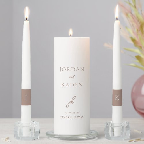 Jordan Light Brown Script Monogram Elegant Wedding Unity Candle Set