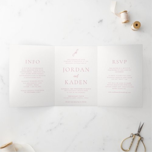 Jordan Pale Pink Script Monogram Elegant Wedding Tri_Fold Invitation