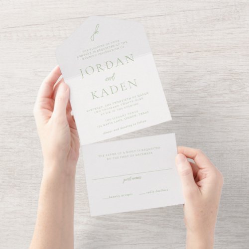 Jordan Soft Sage Script Monogram Elegant Wedding All In One Invitation