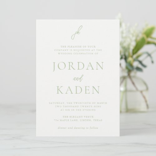 Jordan Soft Sage Script Monogram Elegant Wedding Invitation