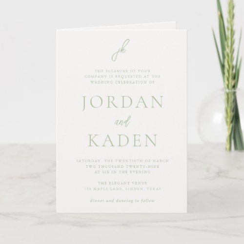 Jordan Soft Sage Script Monogram Elegant Wedding Invitation