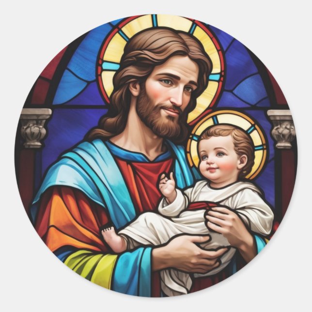 Joseph and Baby Jesus Christian Stained Glass Classic Round Sticker (Front)