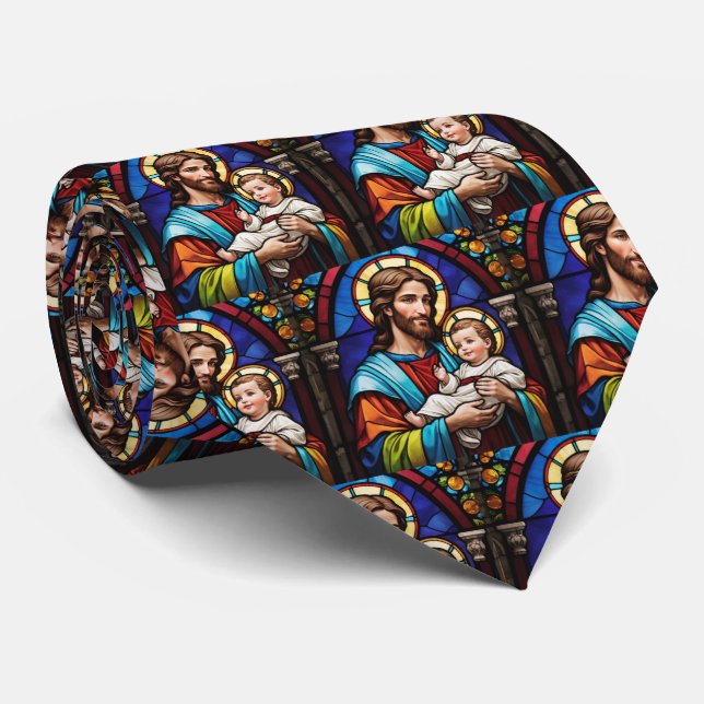Joseph and Baby Jesus Christian Stained Glass Neck Tie (Rolled)