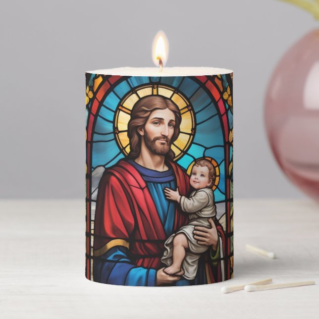 Joseph and Baby Jesus Christian Stained Glass Pillar Candle (In Situ)