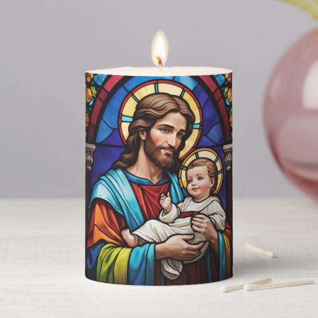 Joseph and Baby Jesus Christian Stained Glass Pillar Candle (In Situ)