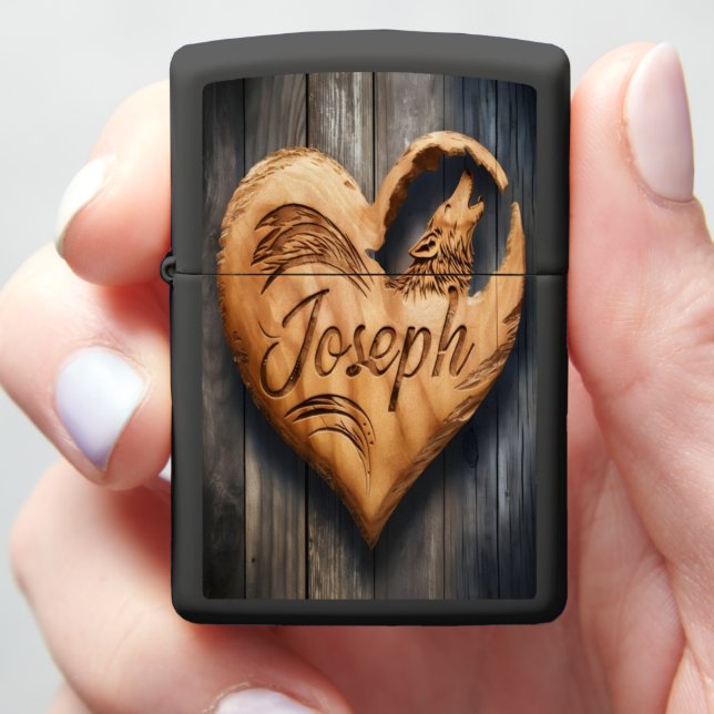 Joseph Carved Wooden Heart With Wolf Zippo Lighter (In Hand)