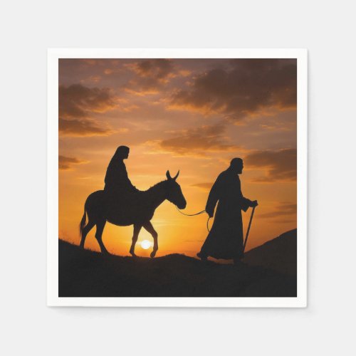 Joseph Guiding Mary and Donkey at Sunset Napkins