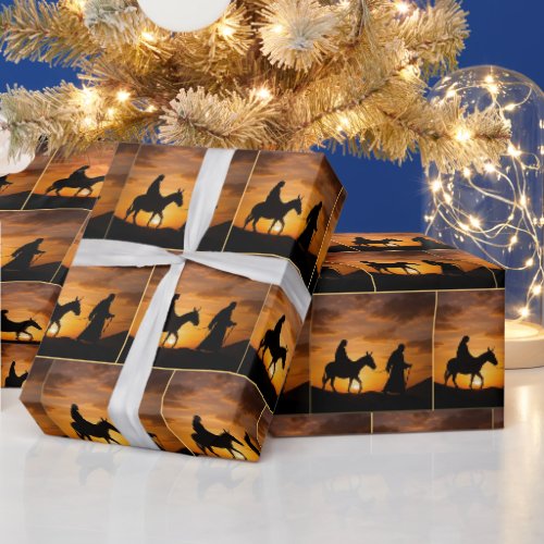 Joseph Guiding Mary and Donkey at Sunset Wrapping Paper