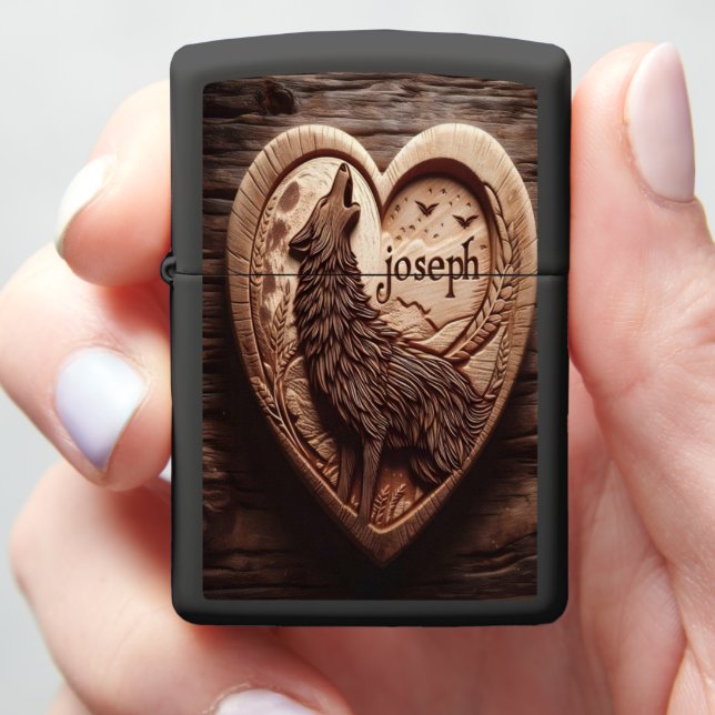 Joseph Wooden Wolf Heart Carving Zippo Lighter (In Hand)