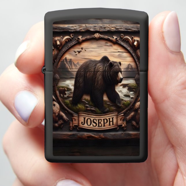 Joseph's Grizzly Bear Carving Zippo Lighter (In Hand)