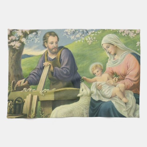 Josephs Workshop with Mary and Baby Jesus Kitchen Towel