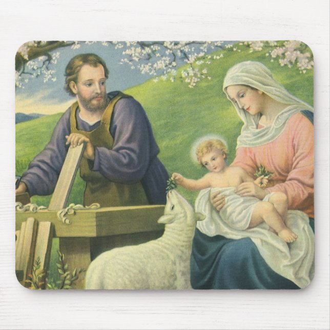 Joseph's Workshop with Mary and Baby Jesus Mouse Pad (Front)