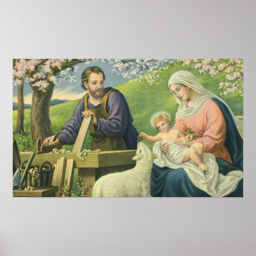 Josephs Workshop with Mary and Baby Jesus Poster
