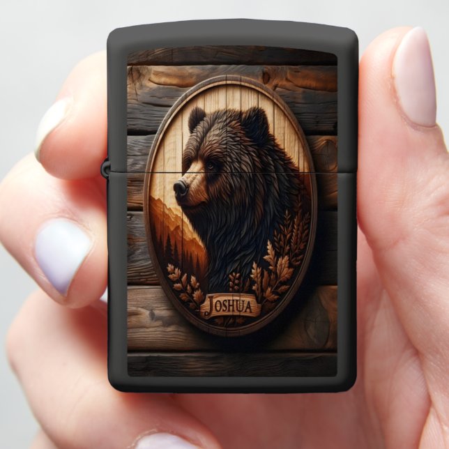 Joshua Carved Bear Wood Plaque Zippo Lighter (In Hand)