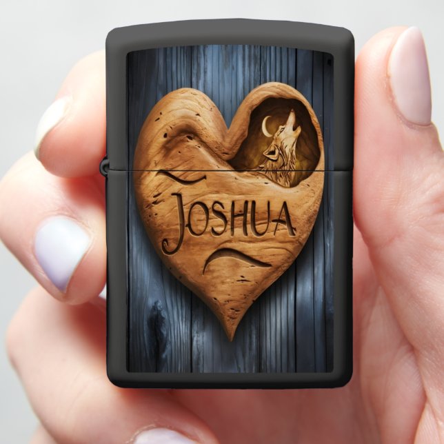 Joshua Wooden Wolf Heart Sign Zippo Lighter (In Hand)