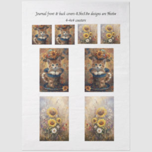 Journal Cover Cat in Cup & Sunflowers & Coasters Tissue Paper