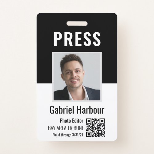 Journalist or Reporter Photo QR Code Press Pass ID Badge