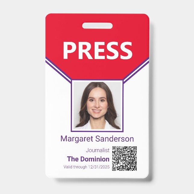 Journalist Photo ID and QR Code Press Pass Badge (Front)