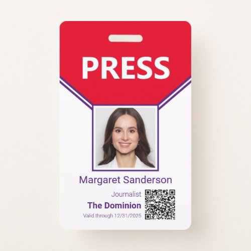 Journalist Photo ID and QR Code Press Pass Badge
