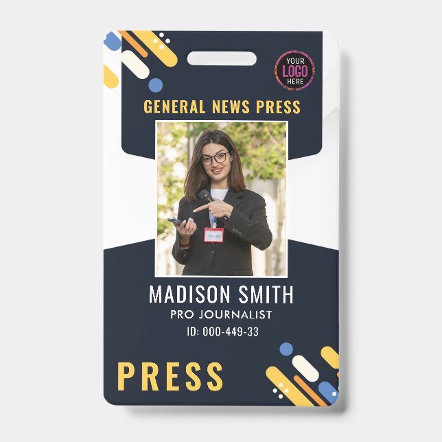Journalist Press Pass  Photo ID  Badge (Front)