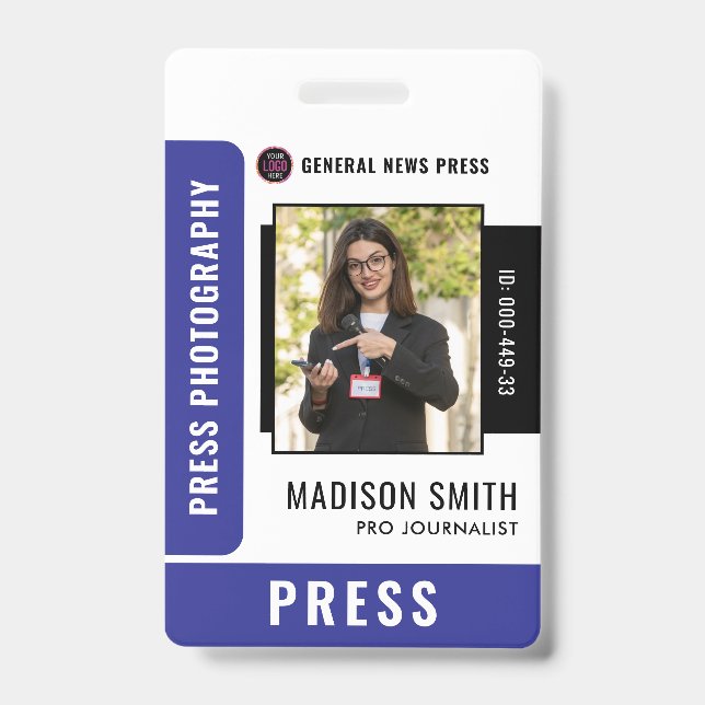 Journalist Press Pass  Photo ID  Badge (Front)