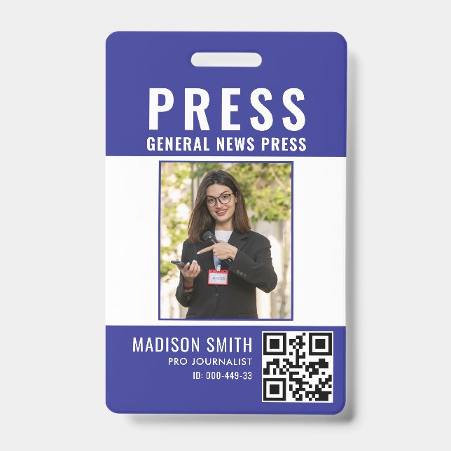 Journalist Press Pass  Photo ID  Badge (Front)