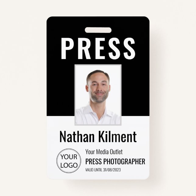 Journalist Press Pass Photo Name Logo ID Black Badge (Front)