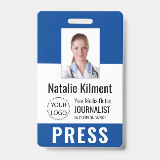 Journalist Press Pass Photo Name Logo ID Blue Badge