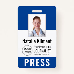 Journalist Press Pass Photo Name Logo ID Blue Badge