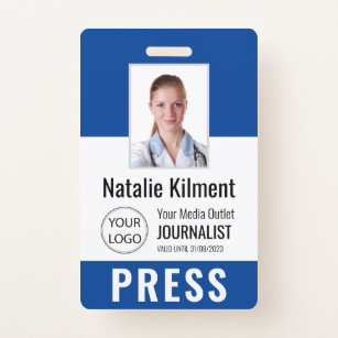 Journalist Press Pass Photo Name Logo ID Blue Badge