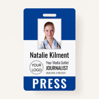 Journalist Press Pass Photo Name Logo ID Blue Badge