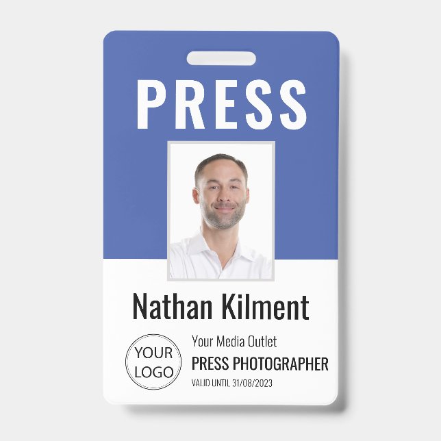 Journalist Press Pass Photo Name Logo ID Blue Badge (Front)