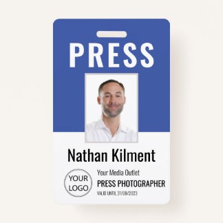 Journalist Press Pass Photo Name Logo ID Blue Badge