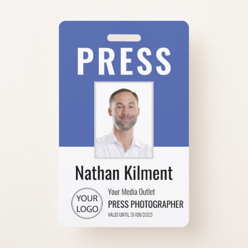 Journalist Press Pass Photo Name Logo ID Blue Badge