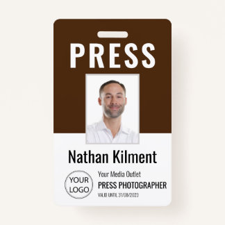 Journalist Press Pass Photo Name Logo ID Brown Badge