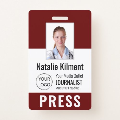 Journalist Press Pass Photo Name Logo ID Dark Red Badge