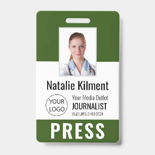 Journalist Press Pass Photo Name Logo ID Green Badge