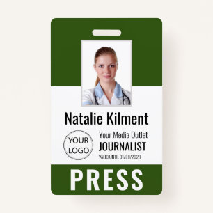 Journalist Press Pass Photo Name Logo ID Green Badge