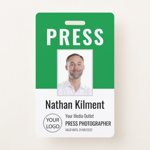 Journalist Press Pass Photo Name Logo ID Green Badge