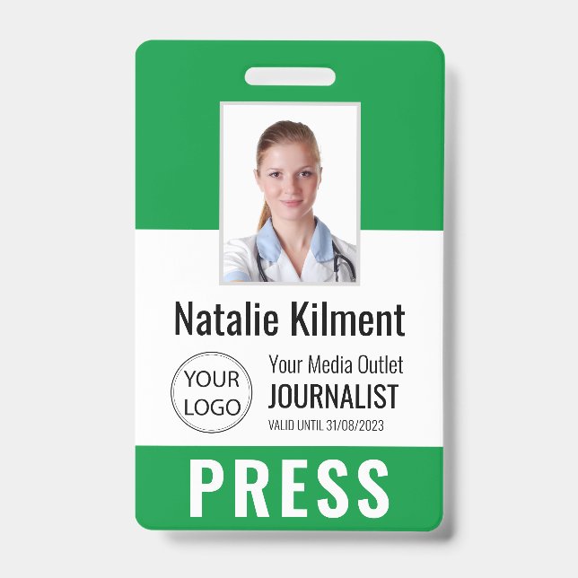 Journalist Press Pass Photo Name Logo ID Green Badge (Front)