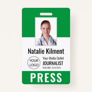 Journalist Press Pass Photo Name Logo ID Green Badge