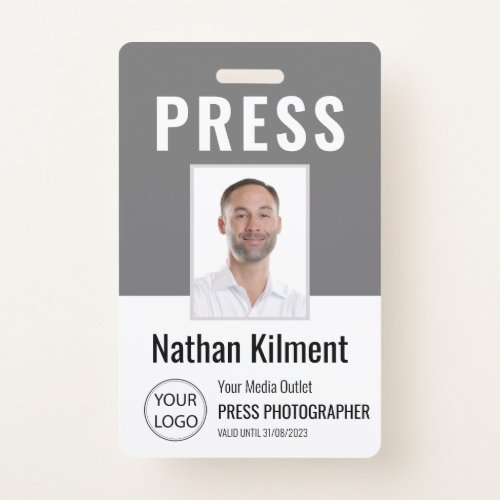 Journalist Press Pass Photo Name Logo ID Grey Badge