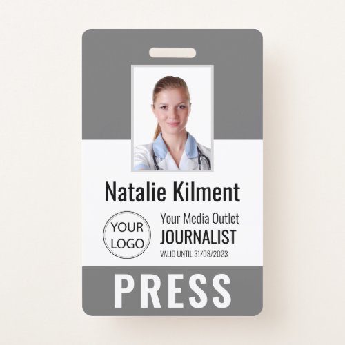 Journalist Press Pass Photo Name Logo ID Grey Badge