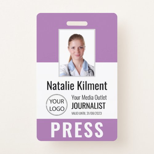 Journalist Press Pass Photo Name Logo ID Lavender Badge