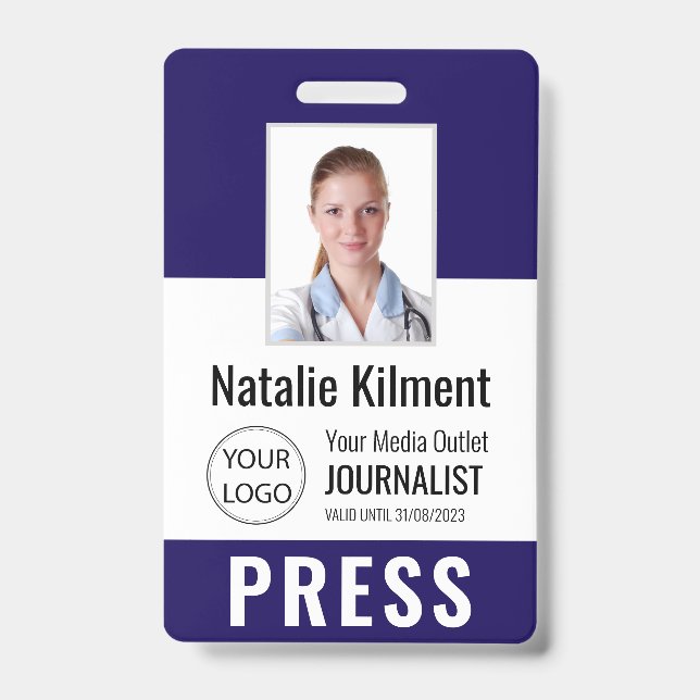 Journalist Press Pass Photo Name Logo ID Navy Blue Badge (Front)
