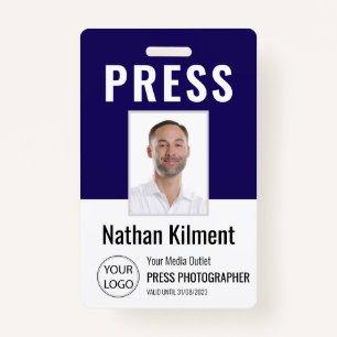 Journalist Press Pass Photo Name Logo ID Navy Blue Badge