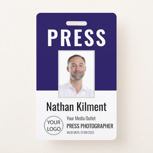 Journalist Press Pass Photo Name Logo ID Navy Blue Badge