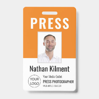 Journalist Press Pass Photo Name Logo ID Orange Badge